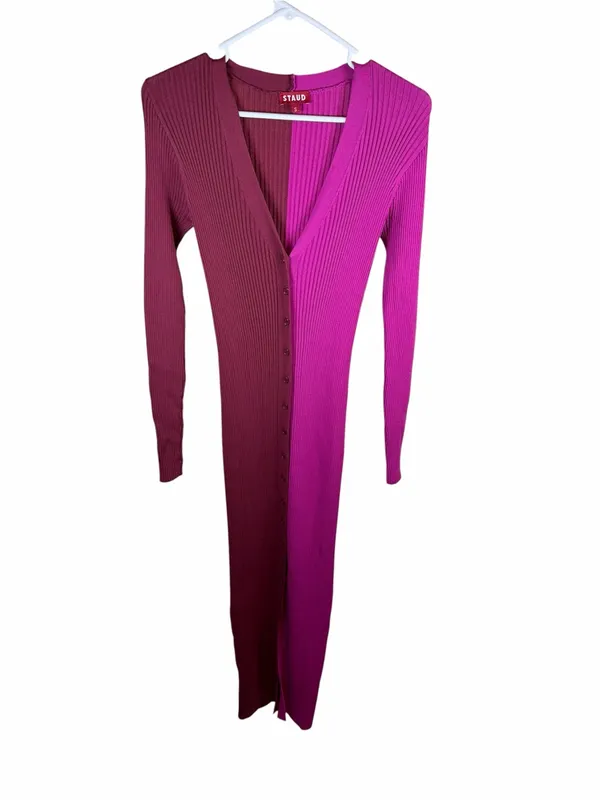 STAUD Shoko Colorblock Ribbed Knit Sweater Dress Fuchsia Bordeaux Midi Size S - Image 3