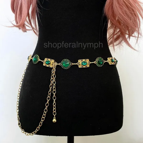 Gold Y2K Emerald Green Jewel Waist Chain Belt, Fits 24.5-51.5 Inches, X7GA1297 - Image 2