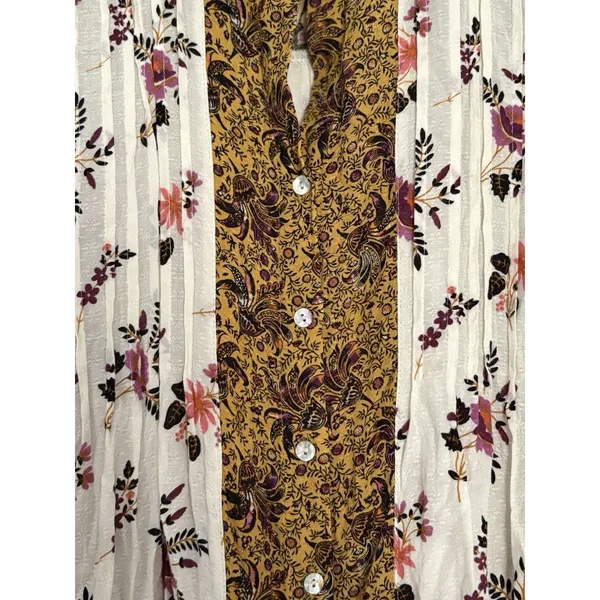 Jane + Delancey Tunic‎ Women Small Gold Mixed Floral Paisley Pintuck Button Down - Image 4