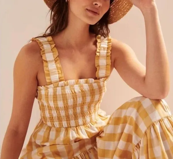 Abercrombie & Fitch Plaid Maxi Dress Yellow White Picnic Long Ruffle Small - Image 2
