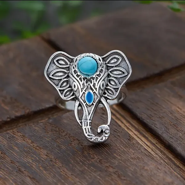 Bohemian Elephant Ring with Turquoise Accent Silver Plated‎ Adjustable Open Band - Image 7