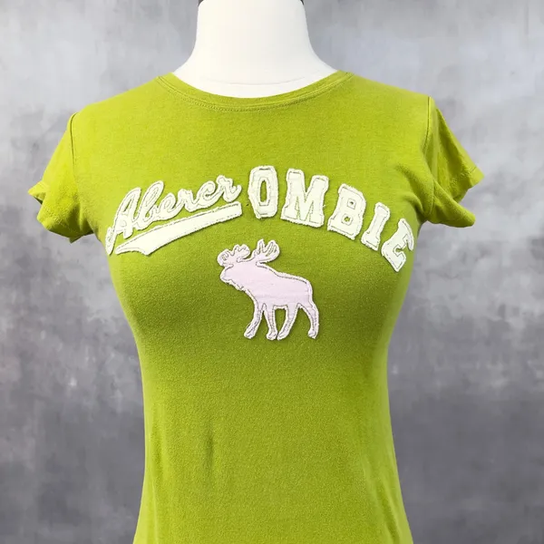 Vintage Abercrombie Baby Tee Women Small Green Stretch Indie 3D Moose Y2K‎ - Image 2