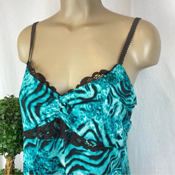 Josie Natori Blue & Brown Print Sleeveless Slip Sleep Dress L - Image 3