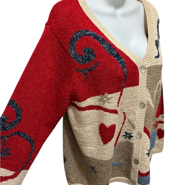 VTG Coldwater Creek Hearts Button Up Patchwork Cardigan Sweater Sz XL Grandma - Image 2
