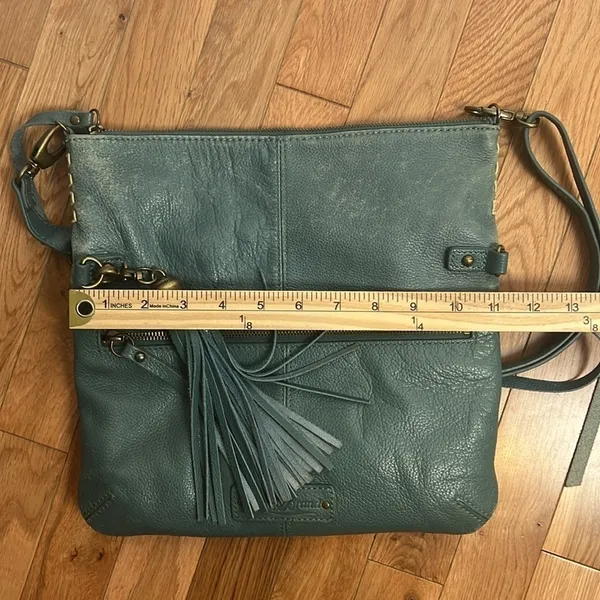 Lucky Brand Teal Leather Foldover Crossbody Hobo Bag Boho Fringe Distressed - Image 14