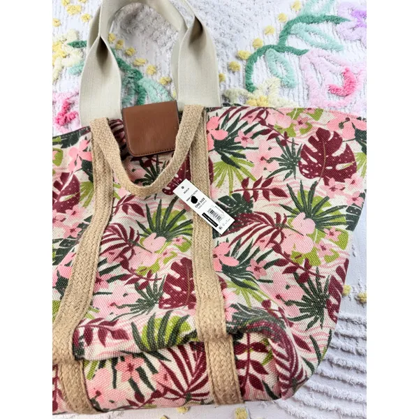 Tropical Floral Canvas Beach Tote Bag‎ Pink Green Palm Leaf NB211145 NEW - Image 3