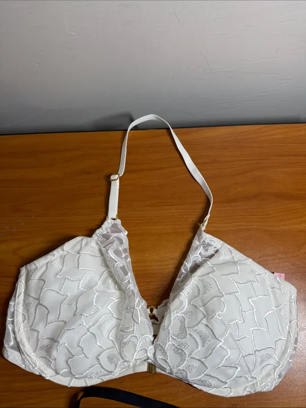 2 Victorias Secret Pushup Bras Lace Front Closure Black White Halter Neck 38C - Image 3