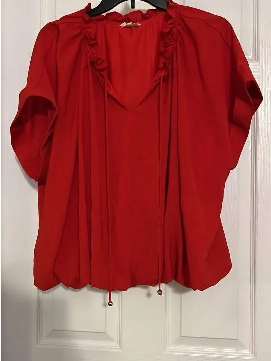 entro Red V-Neck Short Sleeve Blouse with Ruffle Trim - Image 2