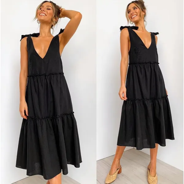 Petal + Pup Erenda Dress Size 10 Black Linen Cotton Tiered Midi Boho Summer - Image 2