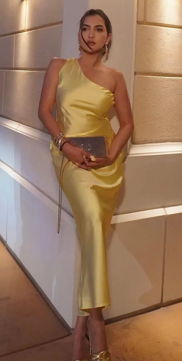 Zara maxi dress satin effect formal wedding asymmetrical lemon yellow wedding - Image 2