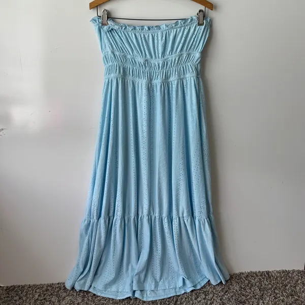Eyelet Maxi‎ Dress Strapless Ruffle Trim Smocked Blue Dress Size M - Image 3