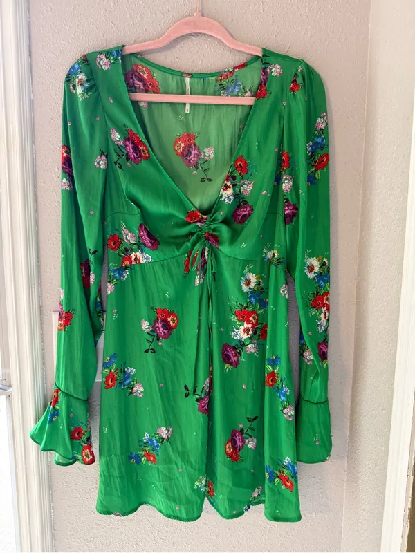 Free People Bright Green Floral Tie-Front Mini Dress V-Neck - Image 3
