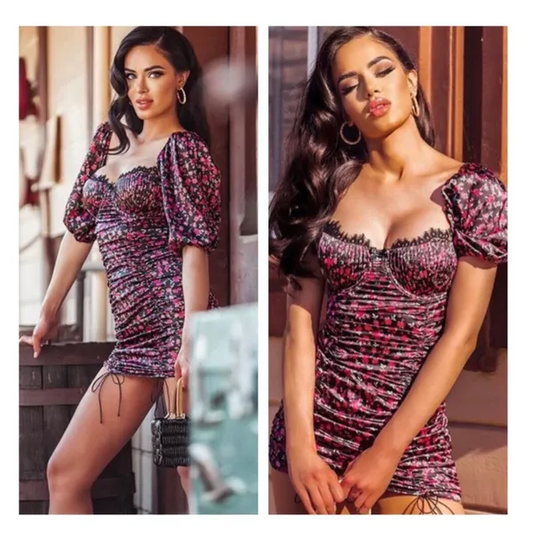 For Love and Lemons Melrose Mini Dress Medium Floral Puff Sleeve Ruched Corset - Image 9