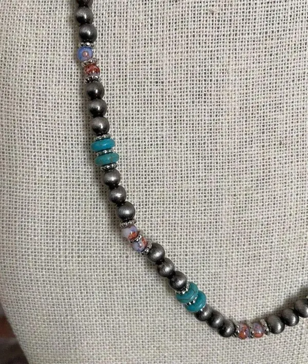 Navajo Style Pearl Necklace with Turquoise and Orange - Image 2
