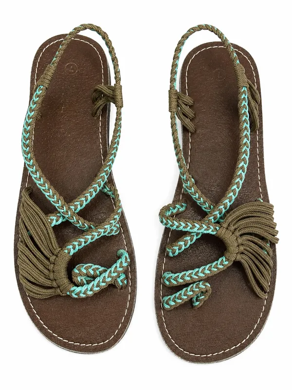 Plaka Size 7 Brown Turquoise Braided Rope Flat Sandals Bohemian Outdoors Beach - Image 5