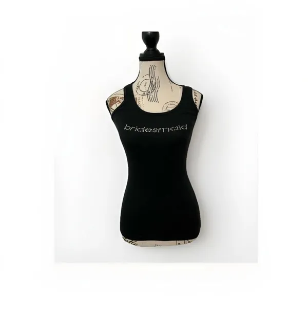 Y2K Black Bridesmaid Rib Tank Top Crystal Rhinestone Bachelorette Party Bridal M - Image 2