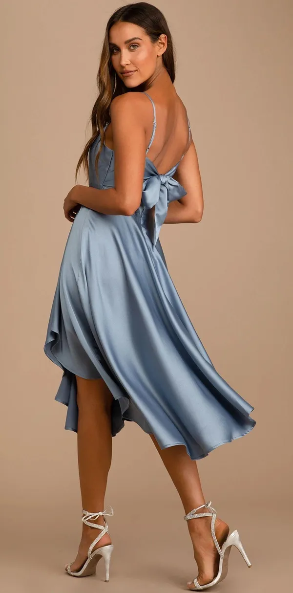 Lulus Blue Satin Asymmetrical Tie-Back Midi Dress - Image 2