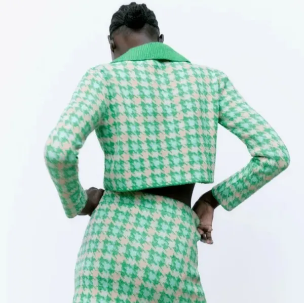 Zara Green‎ Pink Houndstooth Cropped Knit Cardigan Polo Collar Button Front M - Image 6