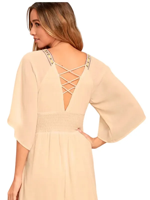Lulus Reign Check Pale Peach Embroidered Dress Mini Boho Womens Medium NEW - Image 5