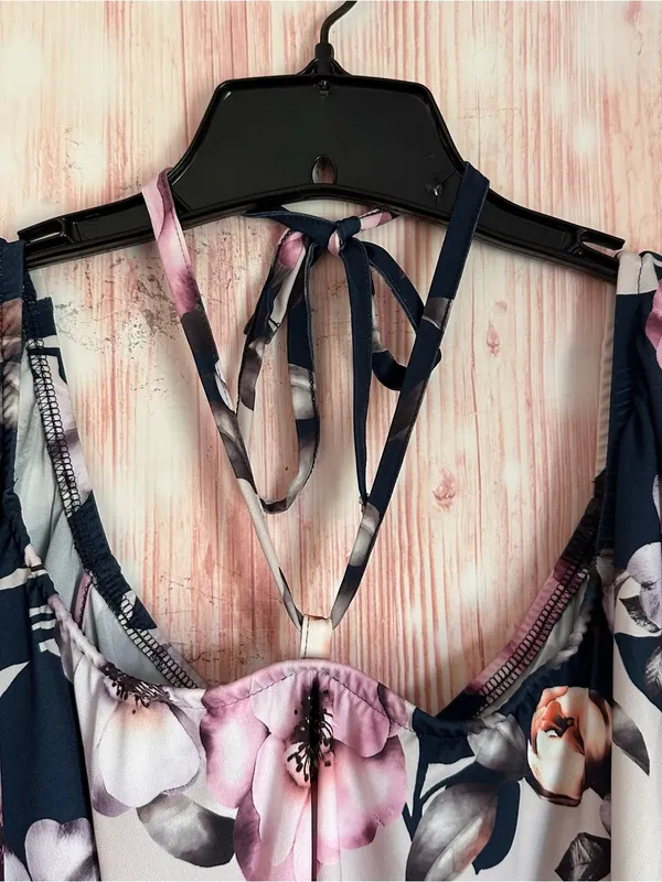 Venus Navy Blue Halter Pink Floral Flounce Top Mini Dress Size L - Image 6