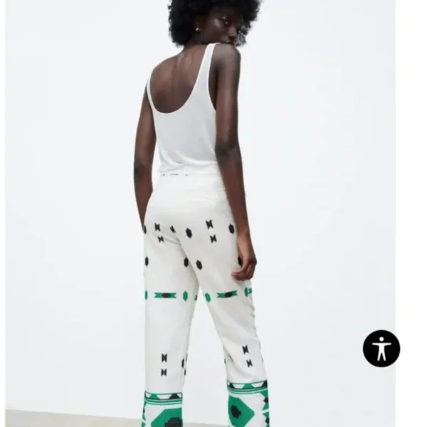 Zara White‎ & Green Geometric Embroidered Linen Pants Small Coastal Bohemian - Image 7