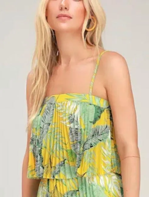Lulus Chase the Sun Yellow Tropical Print Pleated Crop Top - M - Image 4