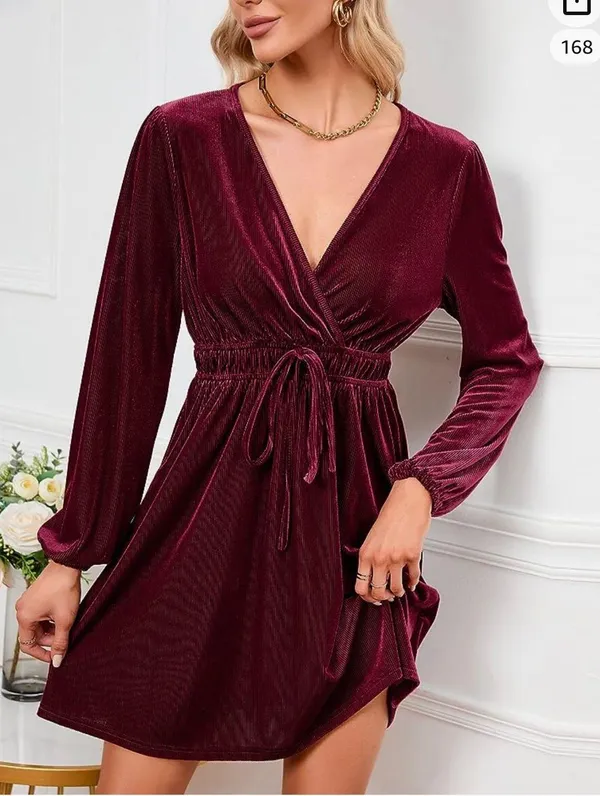 Women's Velvet Dress Wrap V Neck Pleated Waist Long Sleeve Casual Party Skater Dresses - Image 6