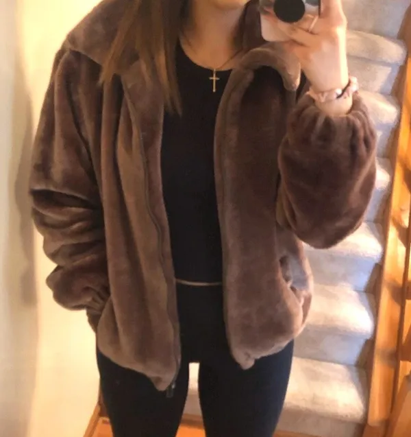 Faux Fur Teddy Coat Brown Size L - Image 5