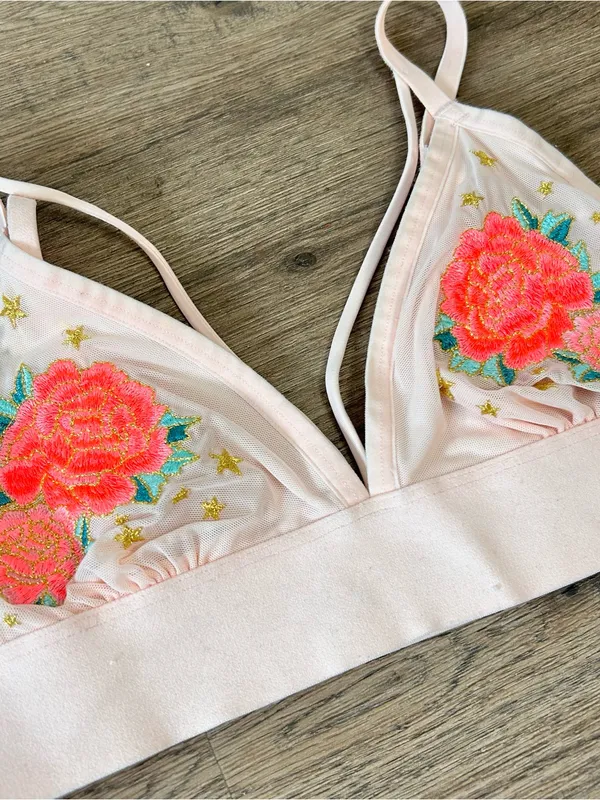 Victoria's Secret PINK| Pale Pink Sheer Triangle Bralette with Neon Floral Embroidery - Image 4
