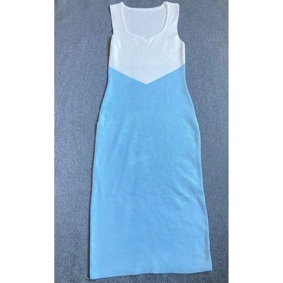 Knit Color Block Midi Dress White Blue‎ Sweetheart Neck Sleeveless Sheath Dress - Image 2