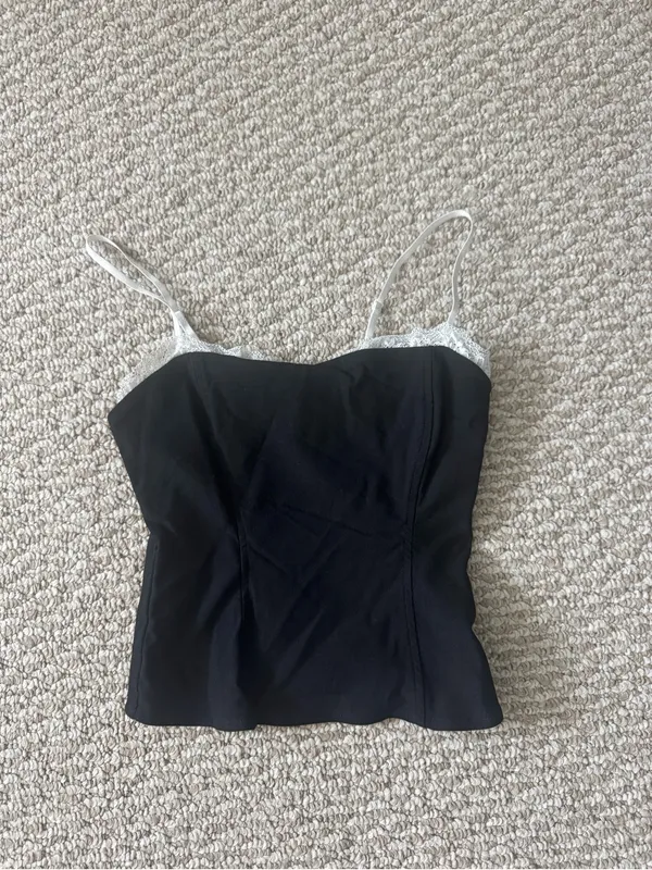 Black Cami Top with White Lace Trim - Image 2