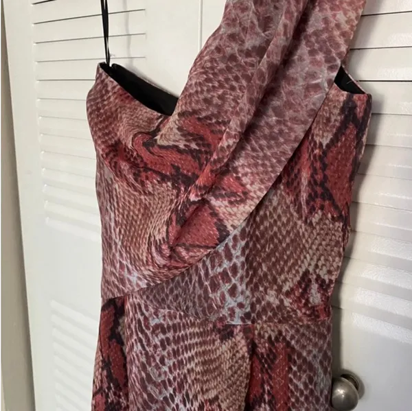 W118 Walter Baker Cold Shoulder Burgundy Snake Print Mini Dress - Image 5