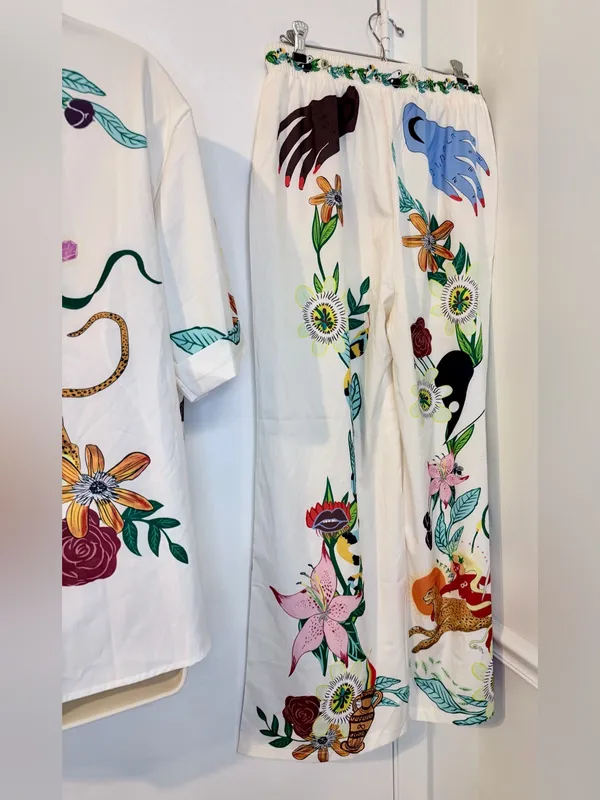 Tropical 2 Piece Set M Shirt Pants Drawstring Wide Leg NWOT - Image 9
