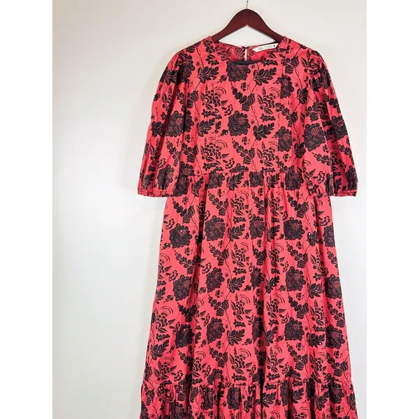 ZARA Womens Dress Red Midi Floral Shift Sequin Tiered 3/4 Sleeve Boho Medium - Image 4