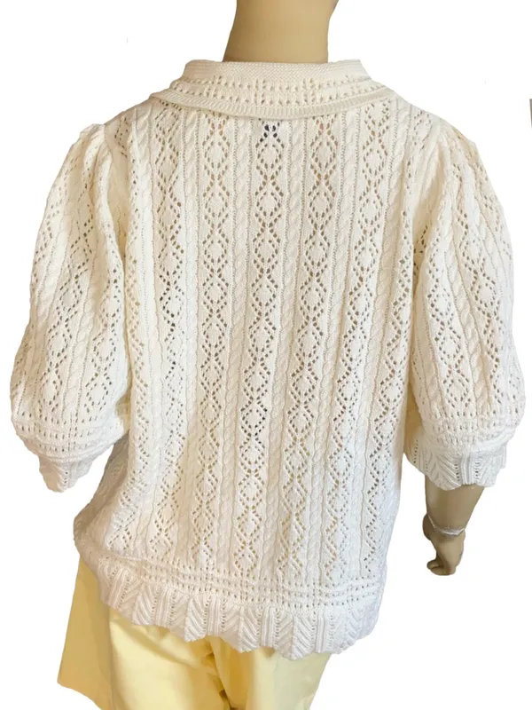 Lands' End Pointelle Knit Cotton Blend White Puffed Sleeve Cardigan (Xl) - Image 3