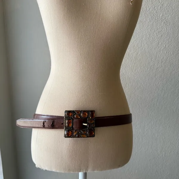 Vintage Jeweled Buckle Leather Belt Women's Medium Brown Elegant Style - Image 2