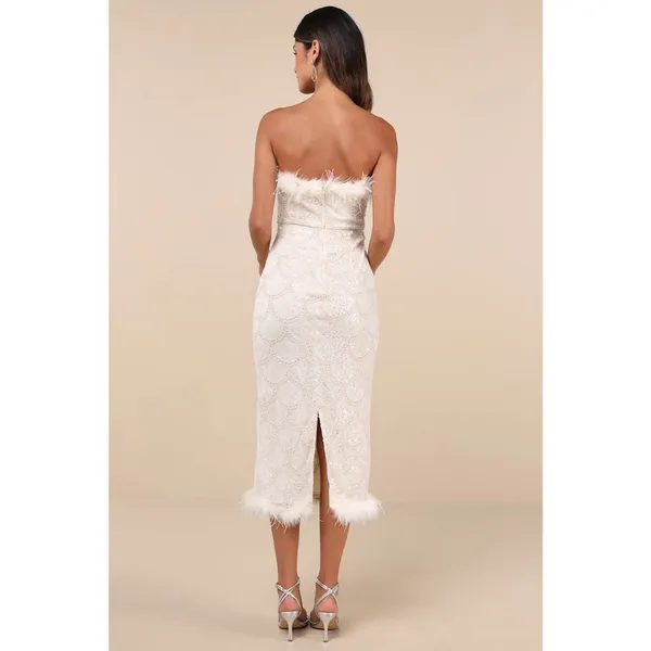 Lulus Uniquely Confident Cream Lace Feather Strapless Midi Dress Cocktail L NWT - Image 2