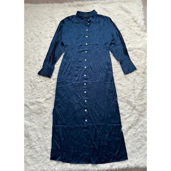Dress Satin Button-Front Midi Classic Indigo 8 NWT New - Image 5