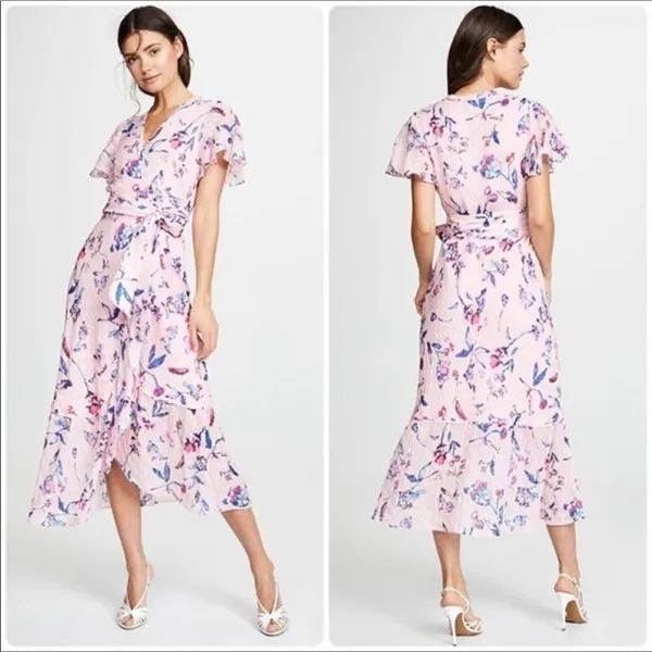 Tanya Taylor Blaire Pink Floral Silk Ruffle MIDI Dress Faux Wrap Flowers v6x - Image 2