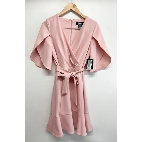 DKNY Pink Tulip Sleeve Faux Wrap Ruffle Hem Dress Size‎ 6 NEW - Image 4