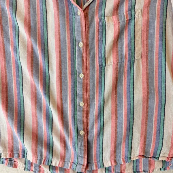 Orvis Linen Blend Shirt L Pastel Stripe Coastal Grandmother Cap Sleeve - Image 7