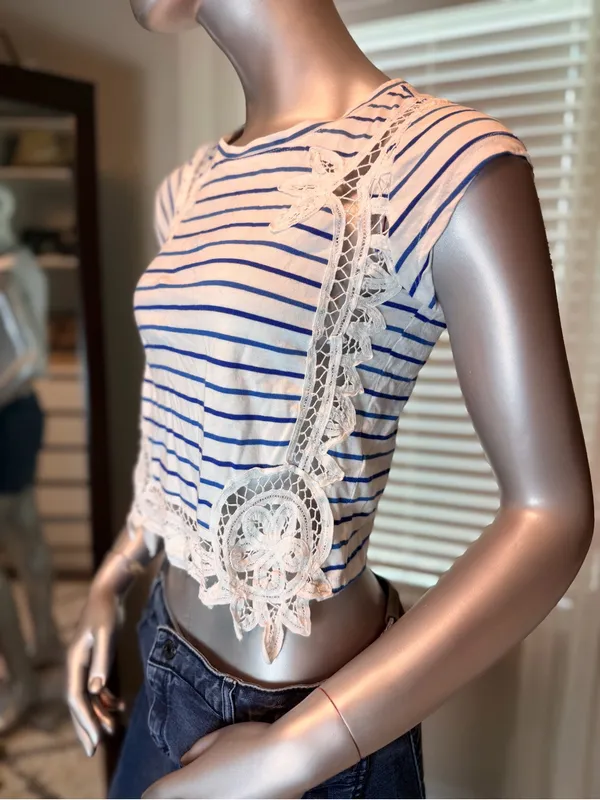 Anthropologie Maeve XS Striped Lace Crochet Crop Top 100% Cotton Boho Festival - Image 2