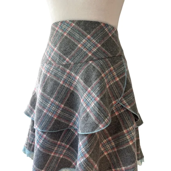 Freebird Gray & Blue Plaid Tiered Lace Hem Mini Skirt - Image 4