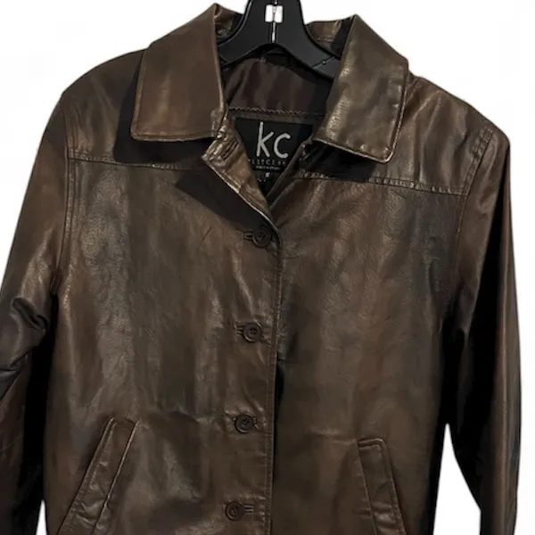 KC Collections Leather Jacket Brown Small Button Up - Image 6