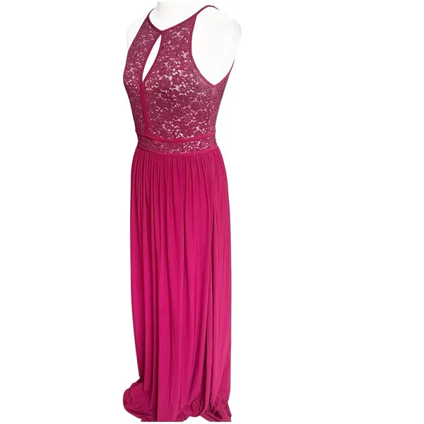 Morgan & Co Size Small Keyhole Sequins Tie Back Halter Maxi Dress Prom Maroon - Image 3