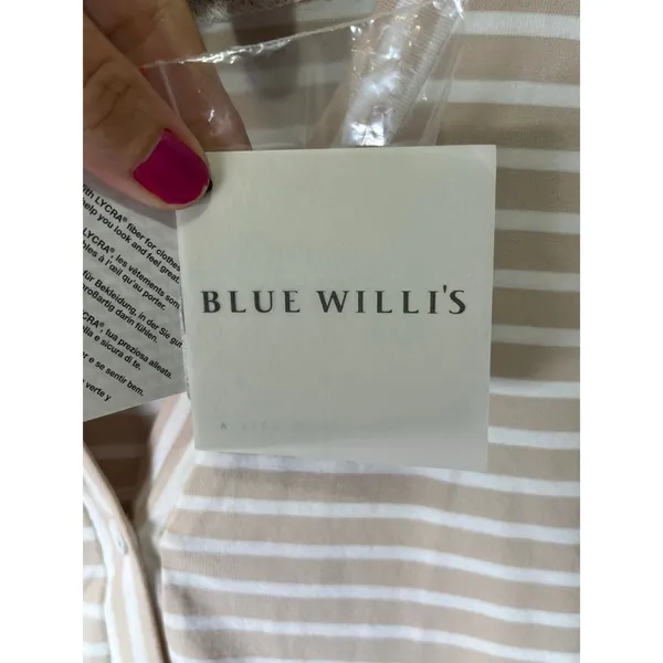 Blue Willi's Striped Cardigan Sweater Beige White Button Front Women's Large New - Image 7