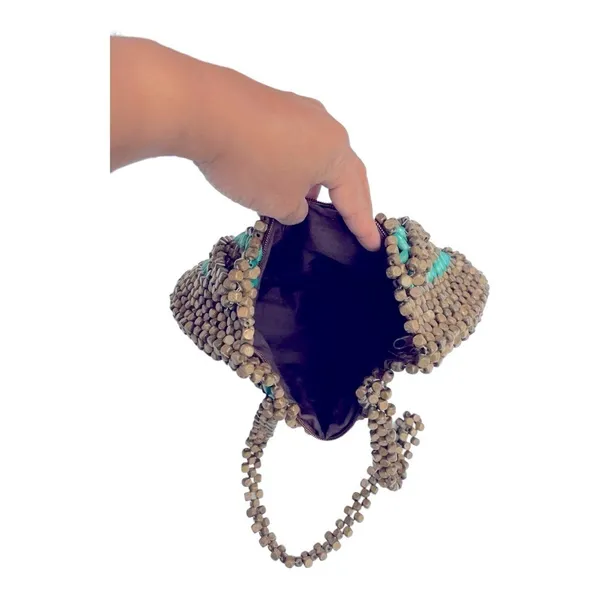 Vintage 80’s Wooden Beaded Purse Turquoise & Natural Wood Handbag Boho - Image 6