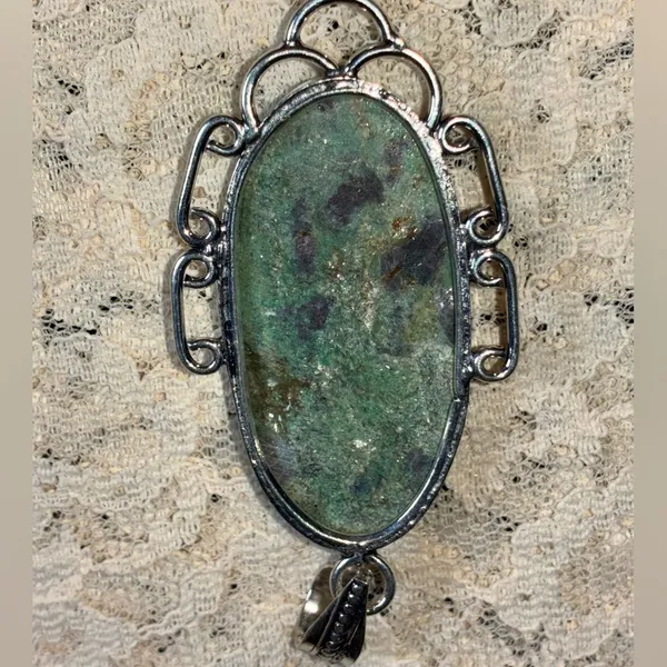 Oval Green Chrysocolla Gemstone Silver Plate Pendant - Image 3