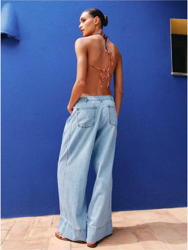 Zara Z1975 High Waisted Wide Leg Jeans With Darts 2 Blue Boho Baggy Minimal Chic - Image 2