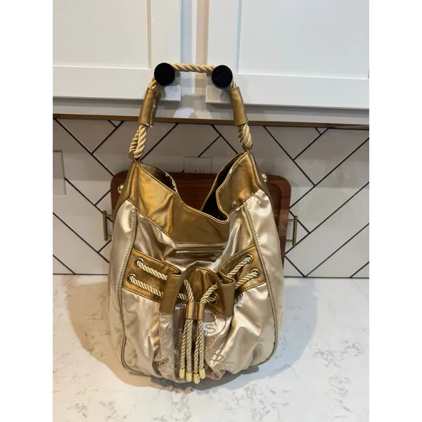 Ed Hardy drawstring handbag metallic gold material braided rope handles flawed - Image 5